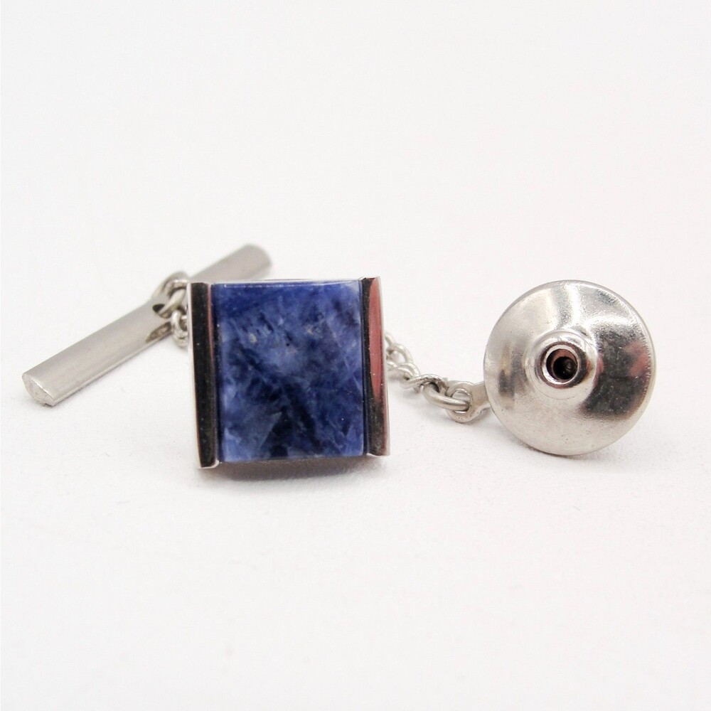 Vintage Silver Tone Blue Sodalite Lapis Tie Tack Pin Security Chain Bar Square